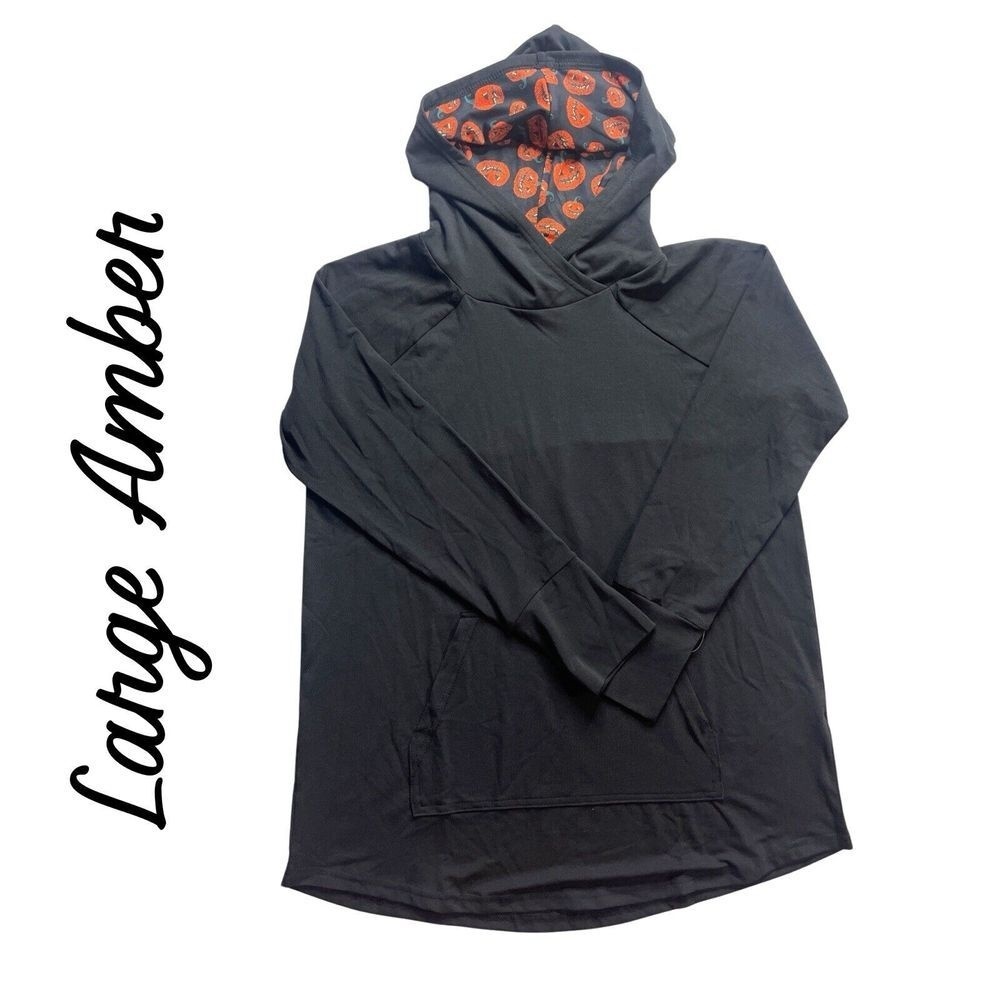 Lularoe Amber Large Halloween Jack o Lantern pumpkin hooded HTF L Solid Black